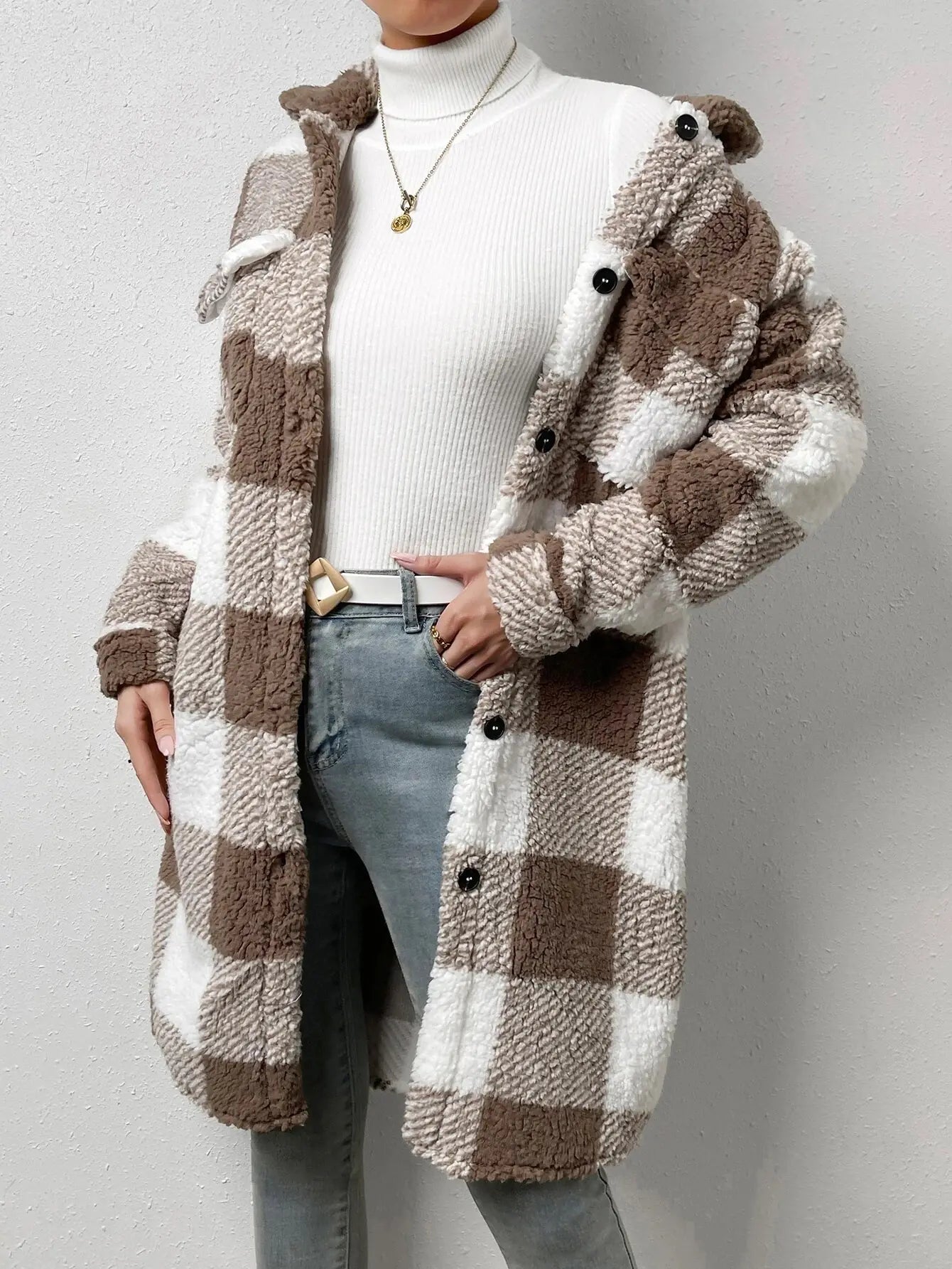 Plush Plaid Coat with Button Lapel