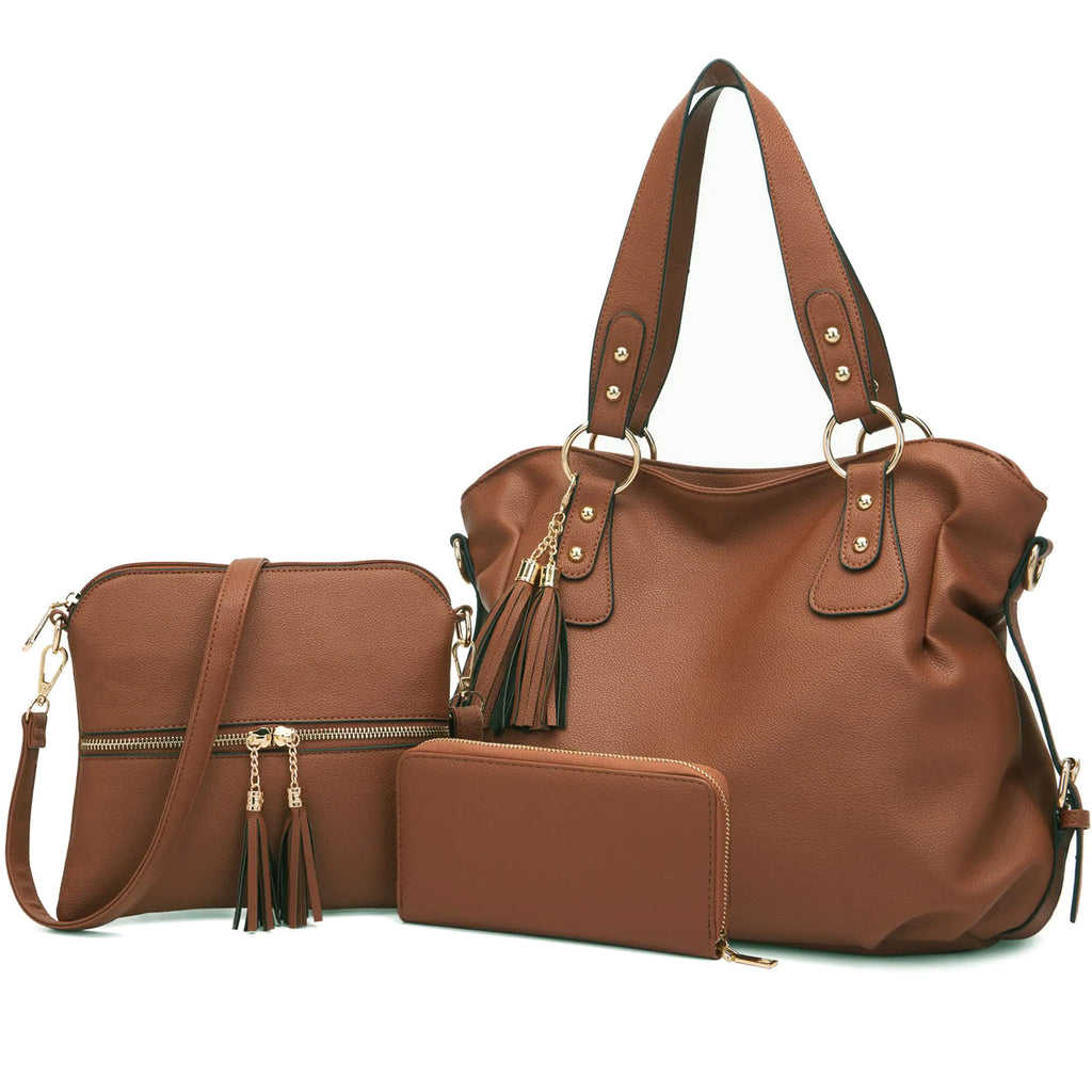 Chic RedBrown 3PC Handbag & Wallet Set