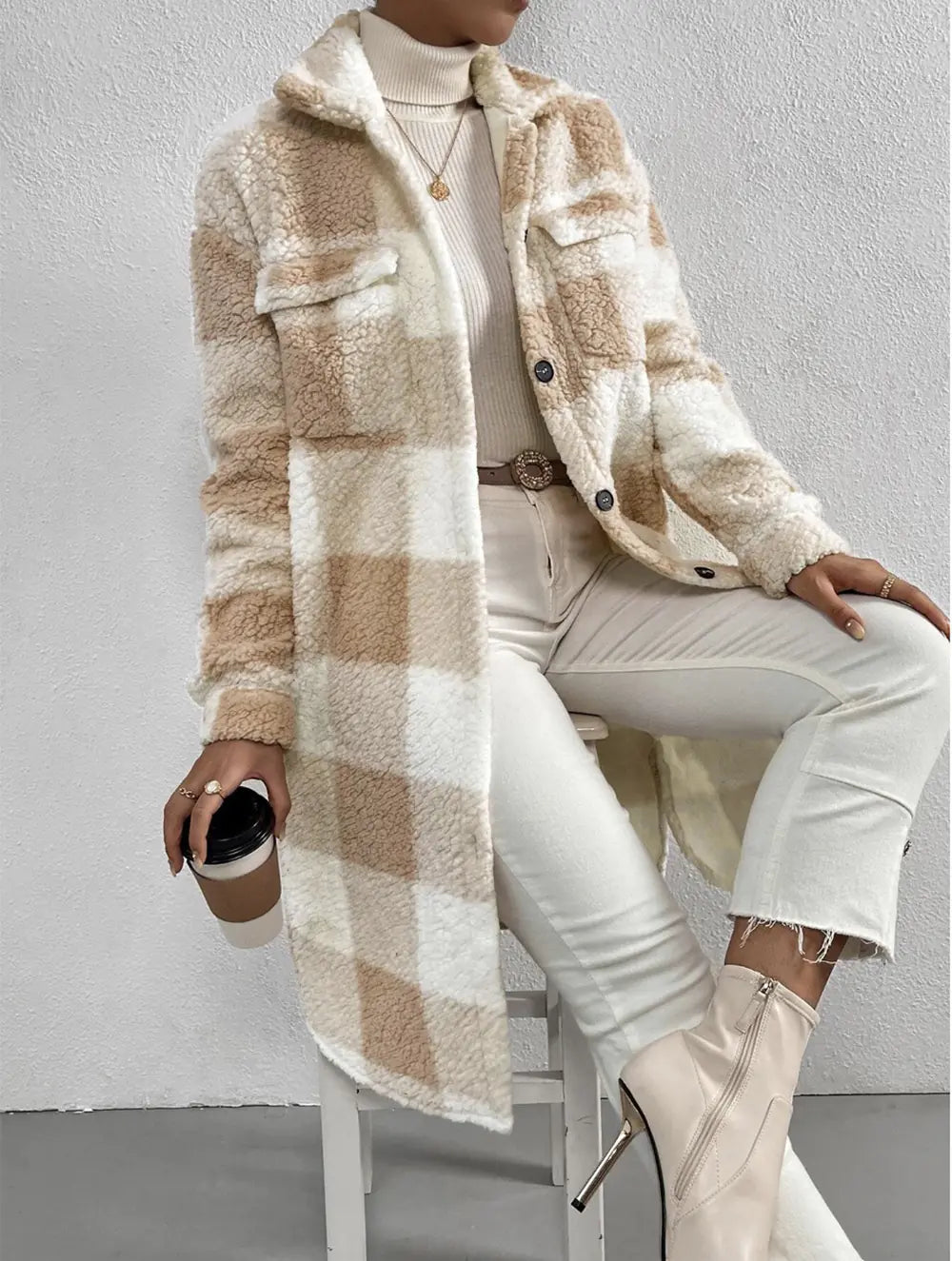Plush Plaid Coat with Button Lapel
