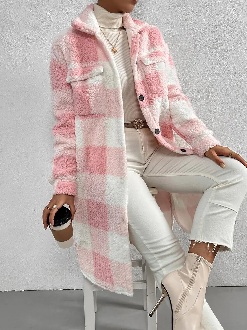 Plush Plaid Coat with Button Lapel