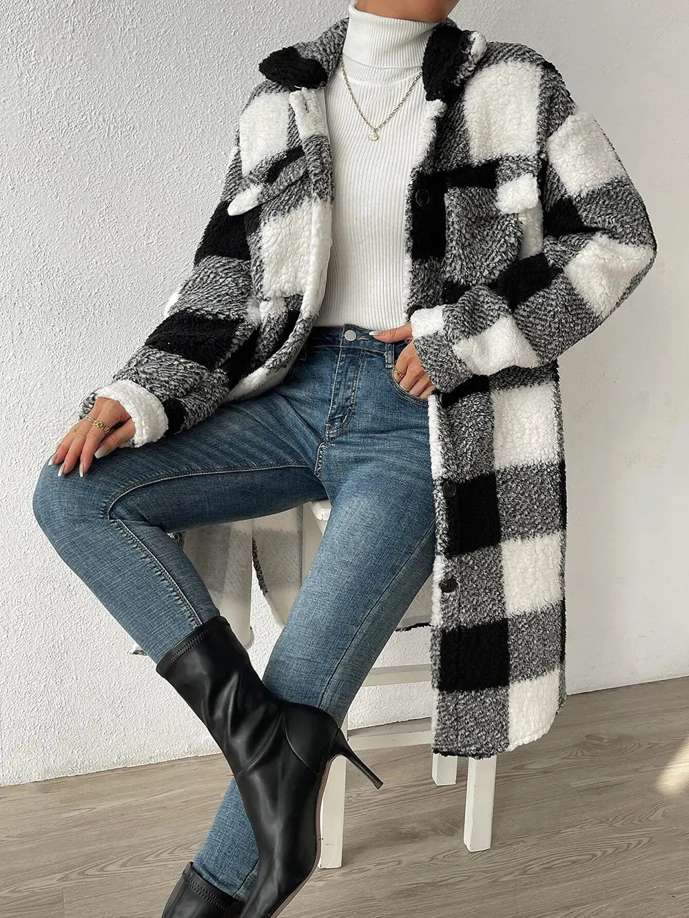 Plush Plaid Coat with Button Lapel