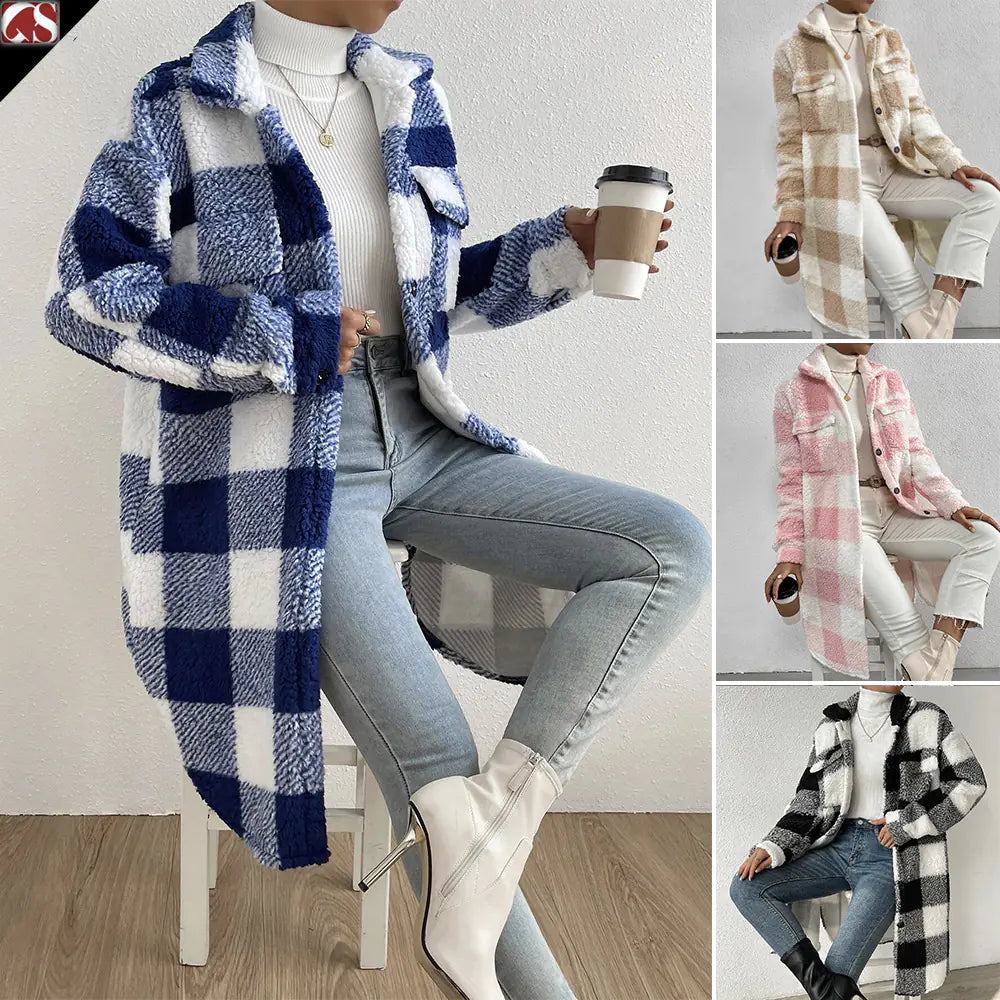 Plush Plaid Coat with Button Lapel